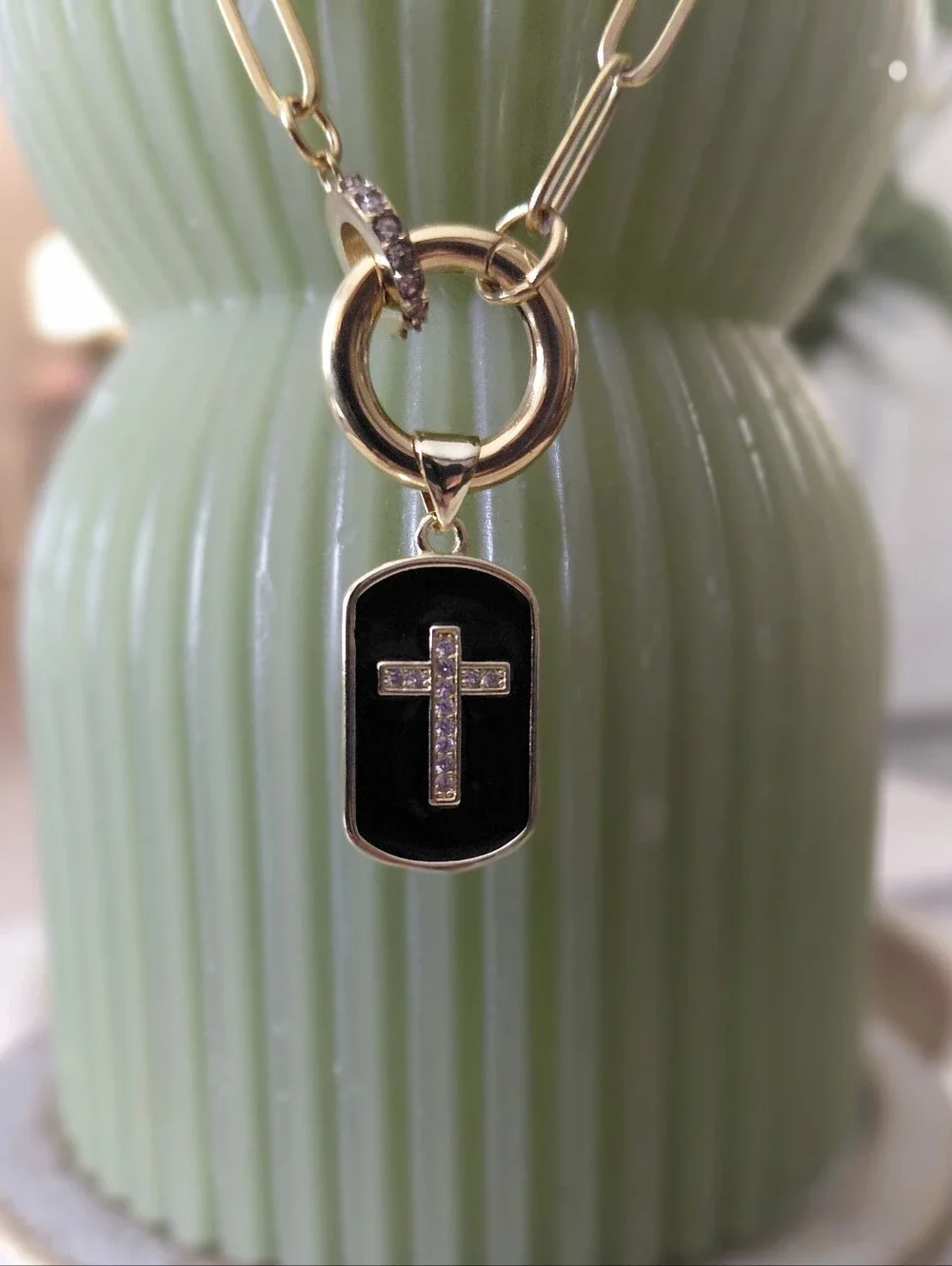 Gold-Tone Black Cross Pendant Necklace with Crystal Accents